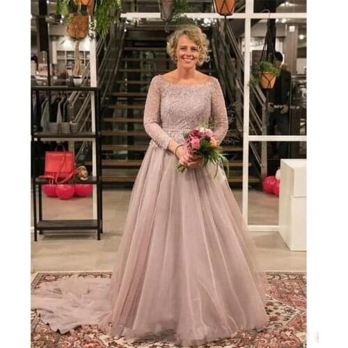Simple PInk Mother of the Bride Dresses 2019 Scoop Neck Long Sleeve Top Lace Wedding Party Gown