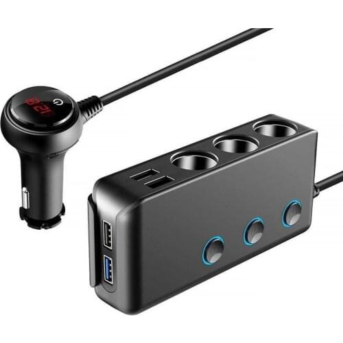 12-24V 120W 3-Socket Cigarette Lighter Socket Splitter QC3.0 + 3-Port USB Car Charger With On-Off Switch LED Display