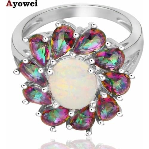 Luxury ten pieces Mystic Crystal design White fire Opal Silver Stamped fashion jewelry Rings USA Size #6#7#7.5#8#9#10 OR711A