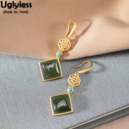 Uglyless 100% Real Natural Gemstones Jade Earrings Women Square Geometric Simple Dress Earrings Real 925 Silver Brincos Bijoux