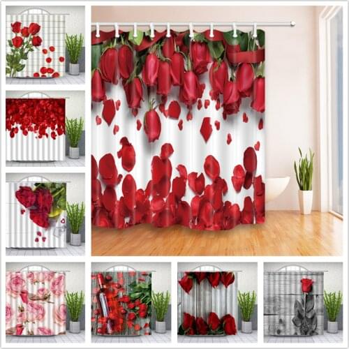Red Rose Flower Shower Curtains Set Valentines Day Couples Petal Bathroom Decor Home Bathtub Curtain and Flannel Mat Carpet