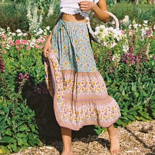 Vacation Womens Clothing Bohemian Holiday Skirt Rayon Floral Contrast Stitching Retro Lace-up Falda