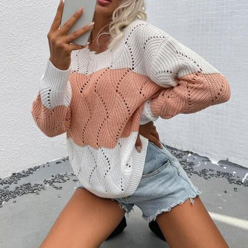 Women Sweater Color Block Hollow Out Autumn Winter O Neck Long Sleeve Knitted Pullover Top Thin Style Streetwear Ginger/ pink