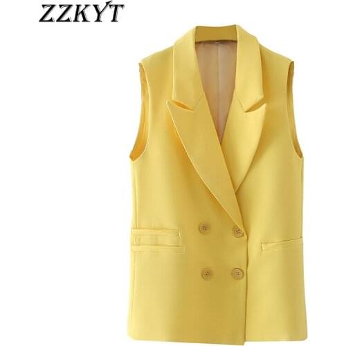 ZZKYT 2021 Women Summer Fashion Solid Waistcoat Vintage Lapel Collar Sleeveless Double Breasted Female Casual Waistcoat Chic Top