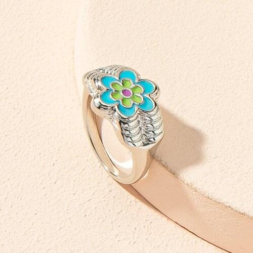 Y2K Jewelry Blue Double Flower Ring For Women For Women Metal Vintage Punk Harajuku INS Fashion Ring Charm 90s Aesthetic Gifts