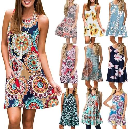 Women Beach Dress Summer Casual T Shirt Dresses Printed Tank Sexy Mini Dress Casual Beach Party Sundress Beach Cover Up