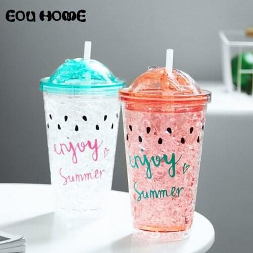 450ml Straw Broken Ice Water Bottles Watermelon Iced Plastic Kettle Office Home Creative Juice Drink Milk Water Bottle with Lid