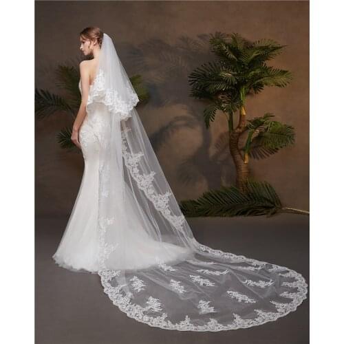 Layer 2 Lace Edge 3M Cathedral Wedding Veil with Comb for Bride Bridal Veils Accessories Vail velos de novia