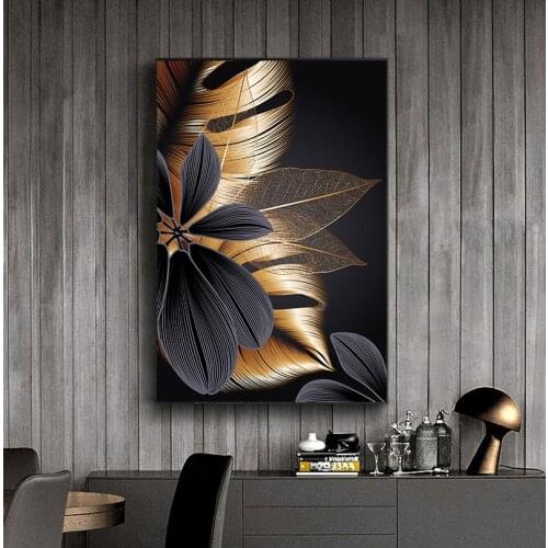 Art Painting Nordic Living Room Decoration Picture Black Golden Plant Leaf Canvas Poster Print Modern Home Decor Abstract Wall