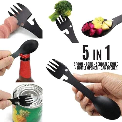 Camping Fork Spoon Multi-function Stainless Steel Cutlery 5 In 1 Integrated Fork Spoon Outdoor Cooking Camping Equipment