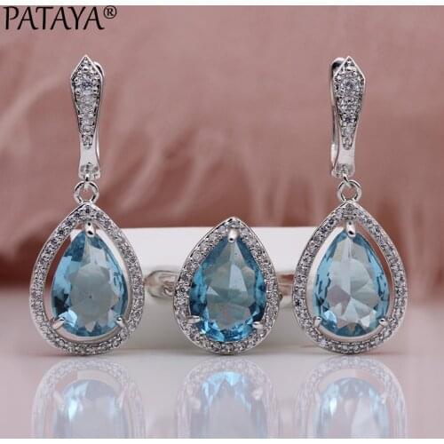 PATAYA New Water Drop Jewelry Set Light Blue Natural Zircon Earrings Ring Sets White Gold Women Hollow Wedding Fashion Fine Gift