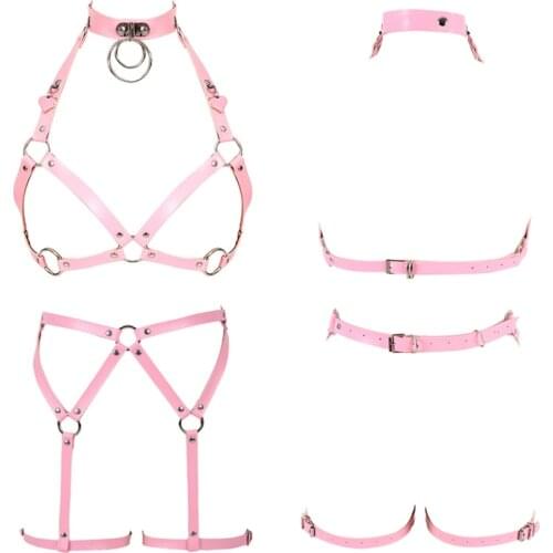 Body Harness Lingerie Set Pink Women Leather Bra Fashion Body Bondage Lingerie Cage Plus Size Dance Clothing Night Clubs Rave