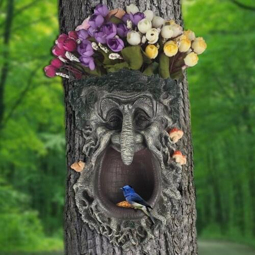 Bird Feeder Tree Faces Decor Outdoor Whimsical Old Man Tree Hugger Statues, Also Can Be Use Flower Pot for Garden Yard Art