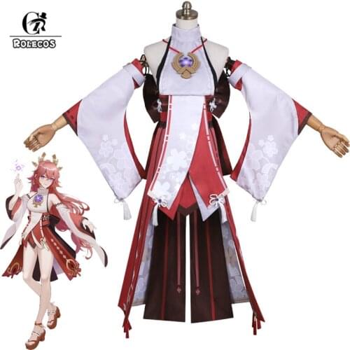 ROLECOS Game Genshin Impact Yae Cosplay Costume Yae Guuji Cosplay Costume Sexy Women Dress Outfits Halloween Necklace Full Set