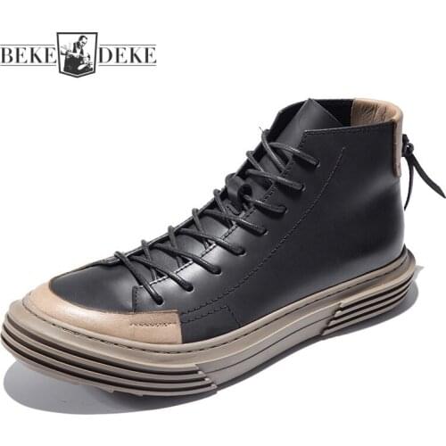 Spring Footwear High Top Shoes Mens Ankle Boots Genuine Leather Casual Shoes Lace Up Platform Sneakers Vintage Designer Shoes