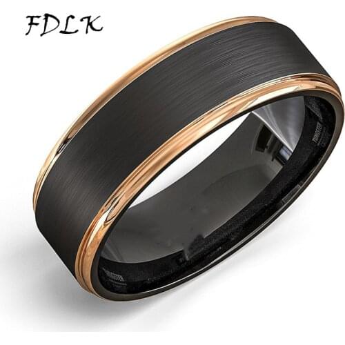FDLK Mens 8mm Black Stainless Steel Ring Rose Gold Wedding Band for Mens Ring Sizes 6-13