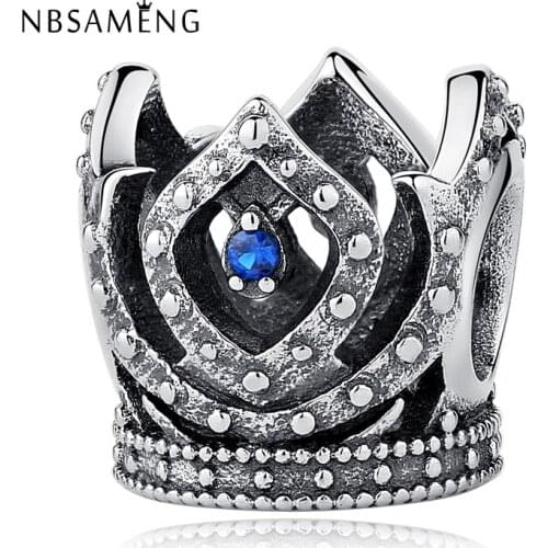 Authentic 100% 925 Sterling Silver Beads Blue Crystal Antique Crown Charms Fit Women Bracelets & Bangles DIY Jewelry