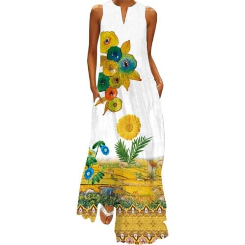 Casual Womens Summer Print Sleeveless Pocket Loose Dress 2021 Retro Plus Size Floral Maxi Dress V-Neck Sexy Female Long Dresses