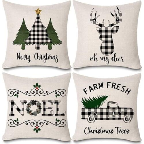 Christmas Buffalo Plaids Deer Christmas Tree Farmhouse Truck Noel Pillow Covers Cotton Linen Throw Pillow Case Cushion
