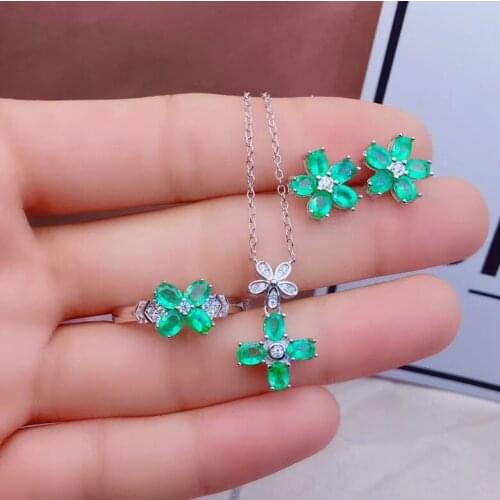 The Best Anniversary Gift Natural Real Emerald Set 925 Sterling Silver 1pc Emerald Ring,2pcs Emerald Earring,1pc Emerald Pendant