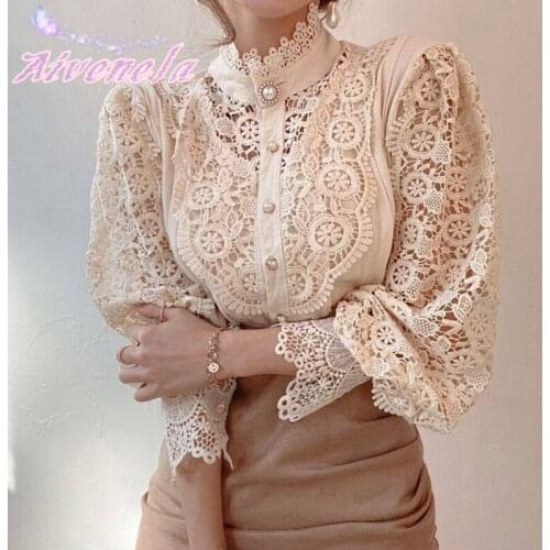 Chic Girls Women T-shirt Blouse French Lace Button Hollow Out Long Sleeve Tops T-shirts AFC1209