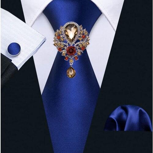 Blue Fashion Paisley Silk Tie Rhinestone Brooches Men Wedding Tie Hanky Set Barry.Wang Design Solid Neckties For Men Gift Party