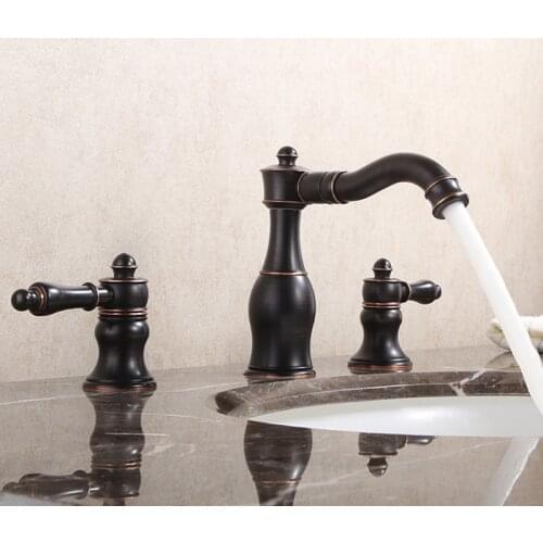 Basin Faucets Bathroom Sink Faucet Black/Gold Brass 3 Holes Double Handle Luxury Hot and Cold Mixer Water Bathbasin Bathtub Taps