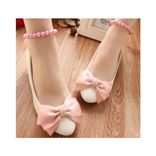PINK bow party shoes women fashion female handmade ribbon riband pink bow wedding shoes ankle beading pink pumps with bow
