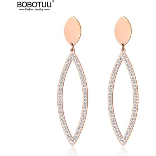 BOBOTUU Trendy Stainless Steel Geometric Horse Eye Earrings Jewelry Rose Gold Clay Shining Crystal Women Girls Earrings BE19114