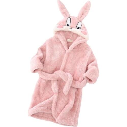 Winter Pajamas Girls Robe Kids Boy Winter Flannel Hooded Robes Pink Rabbit Robe Cartoon Homewear Cotton Girls Sleeper Bathrobe