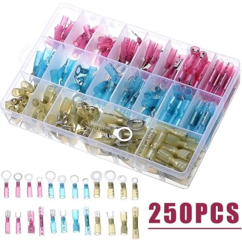 250Pcs/box Insulated Ring Terminal Wire Cable Electrical Crimp Terminals Connector Kit Heat Shrink Wire Connectors