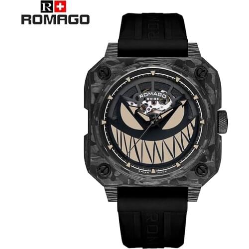 ROMAGO SWISS MADE Luxury Brand Mens Casual Automatic Wristwatches Carbon Fibre Case Sapphire Crystal 50m Waterproof Monster Dial