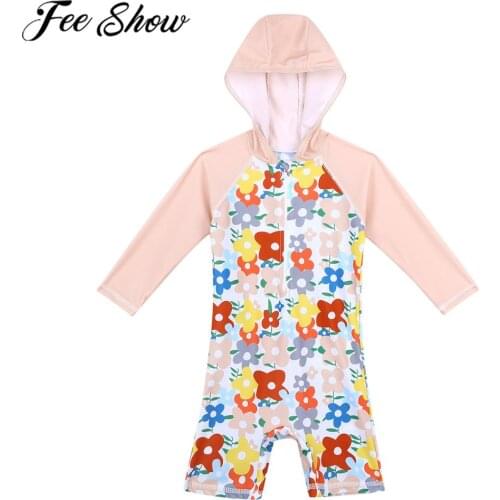 FEESHOW Baby Girls 1pc Swimsuit Long Sleeves Flower Pattern Printed Hooded Rash Guard Front Zipper Swimwear Summer Bathing Suit
