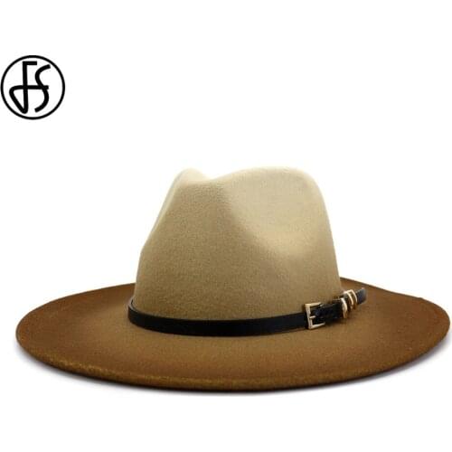 FS Beige Camel Wool Jazz Hat Women Men Felt Wide Brim Hats Trilby Ladies Vintage Gradient Panama Fedora Cap with Belt Buckle