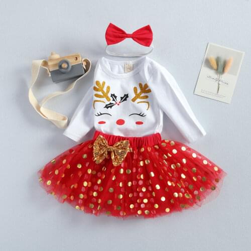 3Pcs Christmas Newborn Baby Girls Clothes Sets Cartoon Print Romper Tops Lace Tutu Skirt Headband Outfits