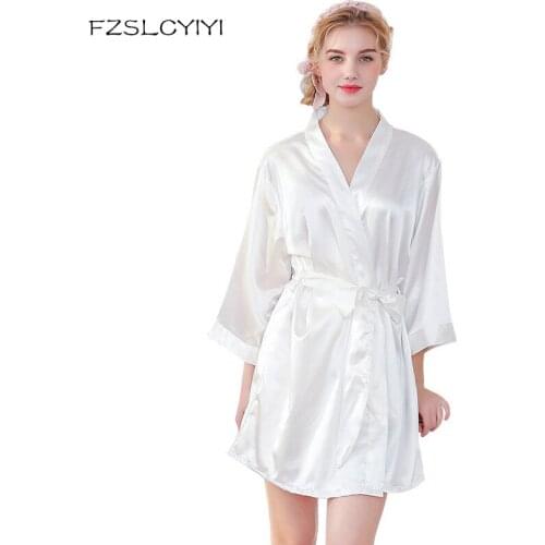 FZSLCYIYI Embroidery Short Robe Solid Robe Kimono Sexy Lace Trim Bathrobe Sleepwear Bride Bridesmaid Robe Fashion Dressing Gown