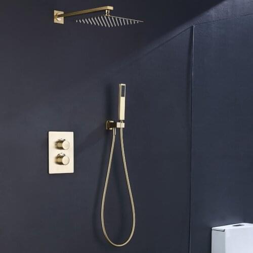 Brushed Gold Solid Brass Bath Bathroom Shower Head Rianfall Luxury Combo Faucet Wall-Mount Arm thermostatic Mixer Diverter Set