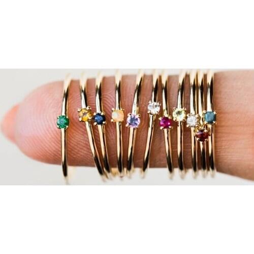 Cute Super Thin Gold Plated Multicolor Zircon Fine Ring Wedding Engagement Party Stackable Rings for Women Lady Jewelry Gifts