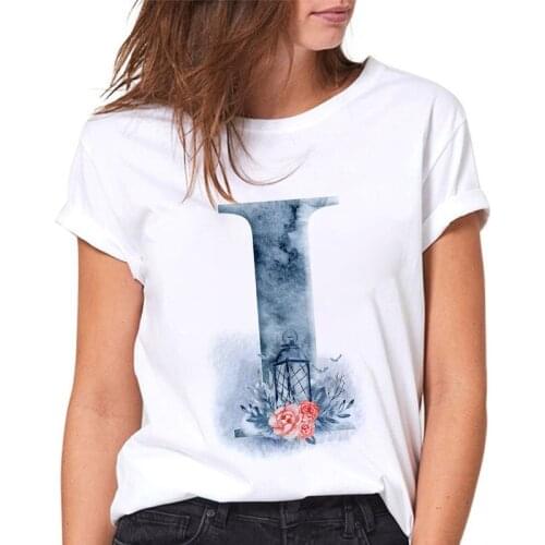 Fashion T-shirt Women Flowers I Print 26 Alphabet Female Tshirts Harajuku Casual White Ladies Tee Top Casual Summer tshirt femme