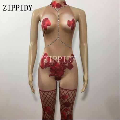 Fashion Sexy Rose Flower Nude Jumpsuit Shoot Outfit Stage Dance Petal Nightclub Costume Female Singer Performance Wear