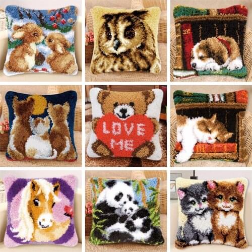 Rabbit Latch Hook Kit Segment Embroidery Pillow Wool Carpet Embroidery Cat Dog Latch Hook Animal Series Knooppakket Pillow Case