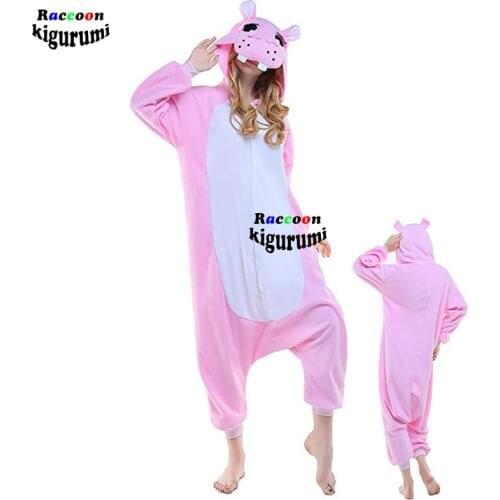 2021 New Unisex Pink Hippo Animal Onesies Costume Halloween Carnival Pajamas Home Cosplay Raccoon Kigurumi Adults