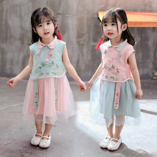 Chinese style girls dress green pink summer toddler clothes Vintage sleeveless kids dresses for girl Han fu costume princess