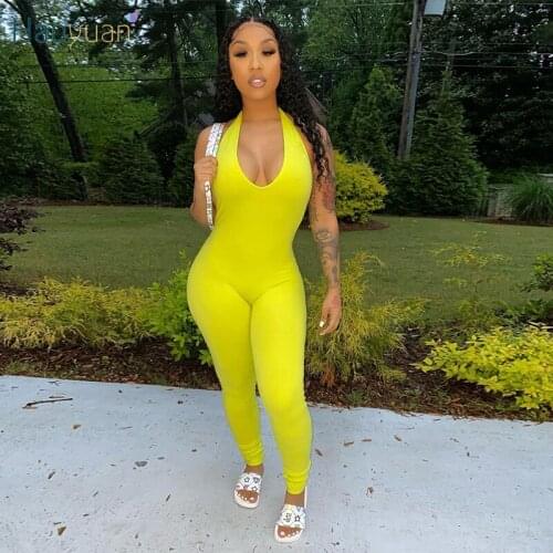 HAOYUAN Sexy Backless Bodycon Jumpsuit Sleeveless Summer Vacation Clothes for Women Fitness Sporty One Piece Night Club Romper