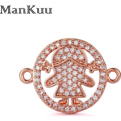 ManKuu Cute Little Girl Zircon Connector Charms Rose Gold/Black/Gold/Silver Plated Round Accessories Connects For Jewelry Making