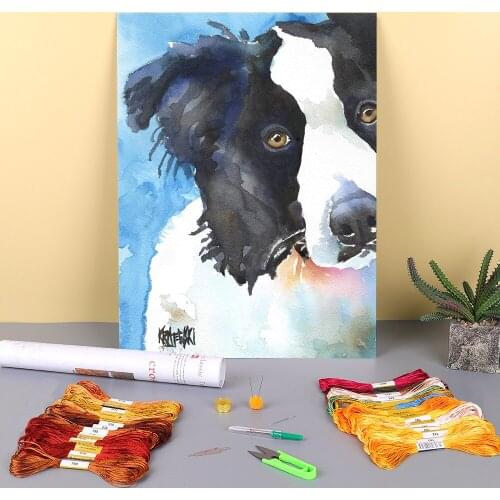 Animal Border Collie Printed Fabric 11CT Cross-Stitch Patterns DIY Embroidery DMC Threads Needlework Craft Handiwork Adults