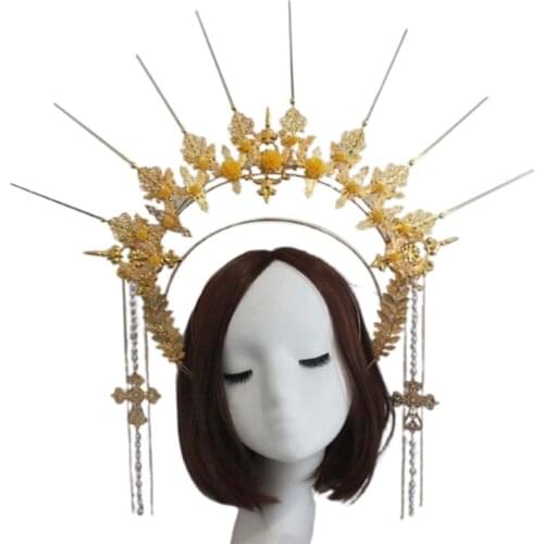 Vintage Lolita Jewelry Accessories Embossed Halo Crown Pearl Beaded Chain Headband Metal Tiara DIY Material Package