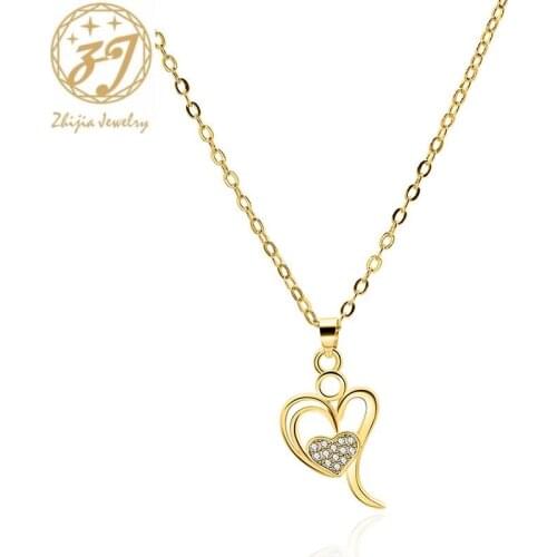 Zhijia trendy double heart shape design crystal rhinestone pendant necklace for women party jewelry gifts