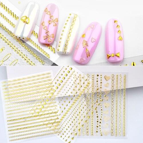 1 Pack Gold Metal Chains Nail Stickers Mix Wave Heart Bow 3d Golden Metallic Adhesive Sticker DIY Manicure Nail Art Decorations