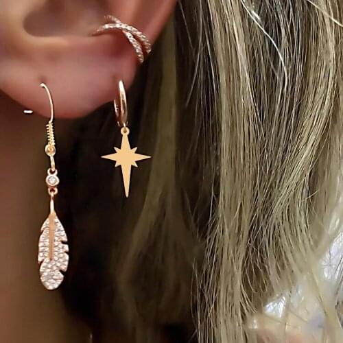 2021 Fashion Elegant Gold Color Star Drop Earrings For Women Retro Feather Dangle Earrings Set Jewelry Gifts Brincos 3Pcs/set